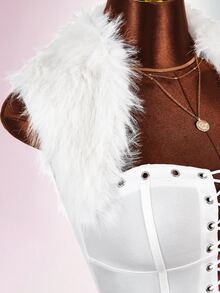 Amplova Faux Fur Collar High Elasticity Color Block Bodycon Bodycon Waist-Cinching Eyelet Ultra Short Mini Women's Bodysuit - White - View 6