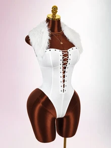 Amplova Faux Fur Collar High Elasticity Color Block Bodycon Bodycon Waist-Cinching Eyelet Ultra Short Mini Women's Bodysuit - White - View 5