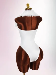 Amplova Faux Fur Collar High Elasticity Color Block Bodycon Bodycon Waist-Cinching Eyelet Ultra Short Mini Women's Bodysuit - White - View 4