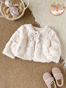 SHEIN 女嬰幼兒秋季新款百搭優雅牛仔女孩風可愛毛絨蝴蝶結開襟外套，保暖，適合外出，白色/杏色正式場合 - 杏色 - 查看 5