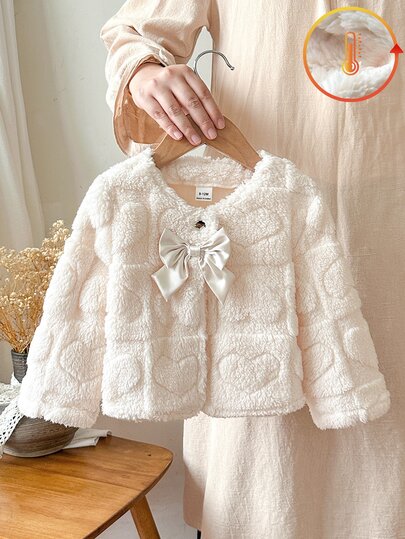 SHEIN Baby Girl Toddler Autumn/Winter New Versatile Elegant Cute Plush Bow Cardigan Jacket, Warm, Suitable For Outings, White/Apricot