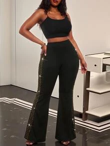SHEIN SXY 大尺碼女款鉚釘裝飾休閒優雅性感百搭日常穿著喇叭褲 派對夜生活正式晚宴黑色金屬色夏季 - 黑色 - 查看 9