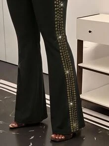SHEIN SXY 大尺碼女款鉚釘裝飾休閒優雅性感百搭日常穿著喇叭褲 派對夜生活正式晚宴黑色金屬色夏季 - 黑色 - 查看 3