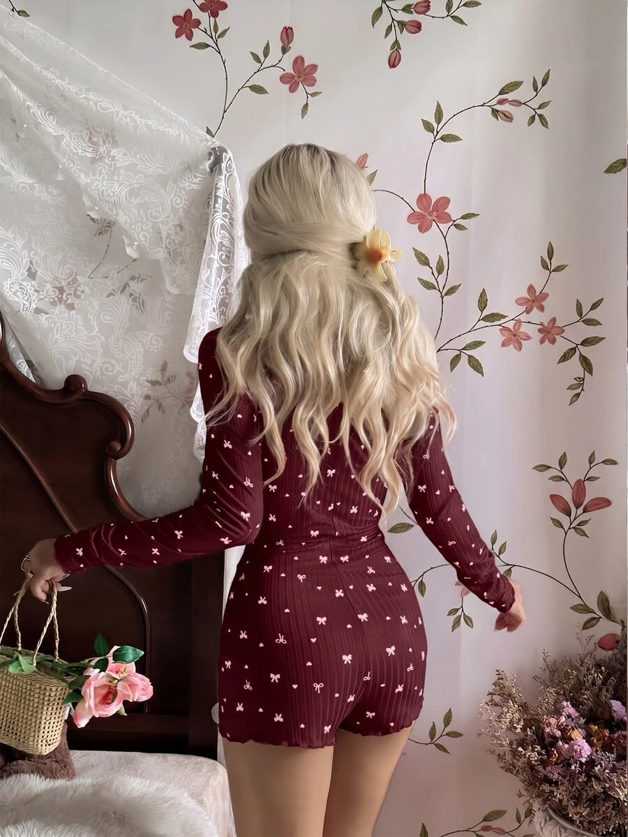 CottageSlumber Women's Half-Open Front Bow Heart Print Cute Ribbed Knit Casual Comfortable Long Sleeve Jumpsuit - Burgundy - View 1