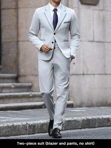 Manfinity Bizformal Men's Two-Tone Lapel Neck Long Sleeve Blazer And Pants Business Travel Fitted Suit Set - Grey - View 8