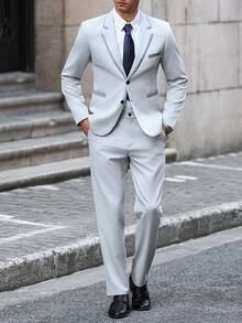 Manfinity Bizformal Men's Two-Tone Lapel Neck Long Sleeve Blazer And Pants Business Travel Fitted Suit Set - Grey - View 5