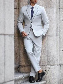 Manfinity Bizformal Men's Two-Tone Lapel Neck Long Sleeve Blazer And Pants Business Travel Fitted Suit Set - Grey - View 7