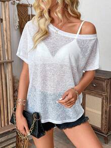 Pariaura Women's Casual See-Through Short Sleeve Top, Spring/Summer - White - View 3