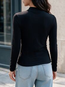 SHEIN Women's New Sexy Black Fitted High-Neck T-Shirt Featuring Cut-Out And Spliced ​​Details-A Versatile Everyday Staple For Fall/Winter. - Black - View 8