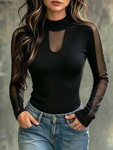 SHEIN Women's New Sexy Black Fitted High-Neck T-Shirt Featuring Cut-Out And Spliced ​​Details-A Versatile Everyday Staple For Fall/Winter. - Black - View 3