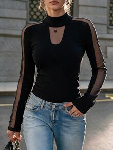 SHEIN Women's New Sexy Black Fitted High-Neck T-Shirt Featuring Cut-Out And Spliced ​​Details-A Versatile Everyday Staple For Fall/Winter. - Black - View 1