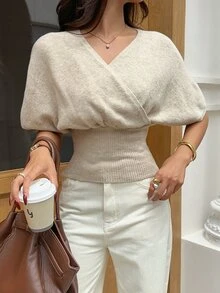 Serisse Women's Camel Wrap V-Neck Knit Top - Apricot - View 10