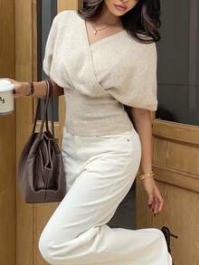 Serisse Women's Camel Wrap V-Neck Knit Top - Apricot - View 12