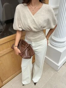 Serisse Women's Camel Wrap V-Neck Knit Top - Apricot - View 13