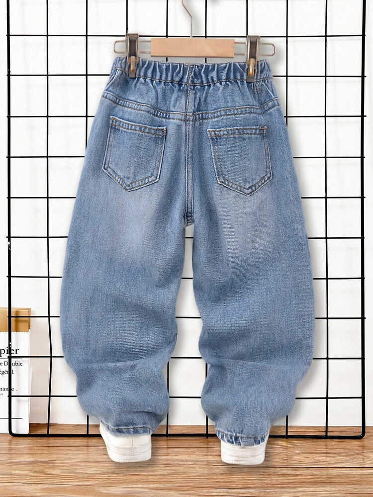 Genkimix Kids Boys' Denim Long Pants, Vintage Nostalgic Washed Blue, Non-Stretch Denim Fabric, Classic Waistband With Button Design, Distressed And Faded Treatment, Curved Leg Style, Suitable For Casual, Street Style, All Seasons, Daily School, Outdoor Play, Family Outings And Other Occasions - Medium Wash - View 2