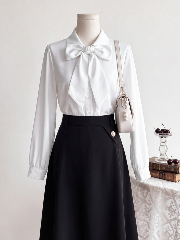 SHEIN Blus Putih Longgar Lengan Panjang Kerah Peter Pan Terbaru untuk Musim Semi/Gugur, Atasan Musim Gugur, Atasan Gaya Kasual Elegan Preppy Segar Serbaguna untuk Pesta Formal - Putih - View 1