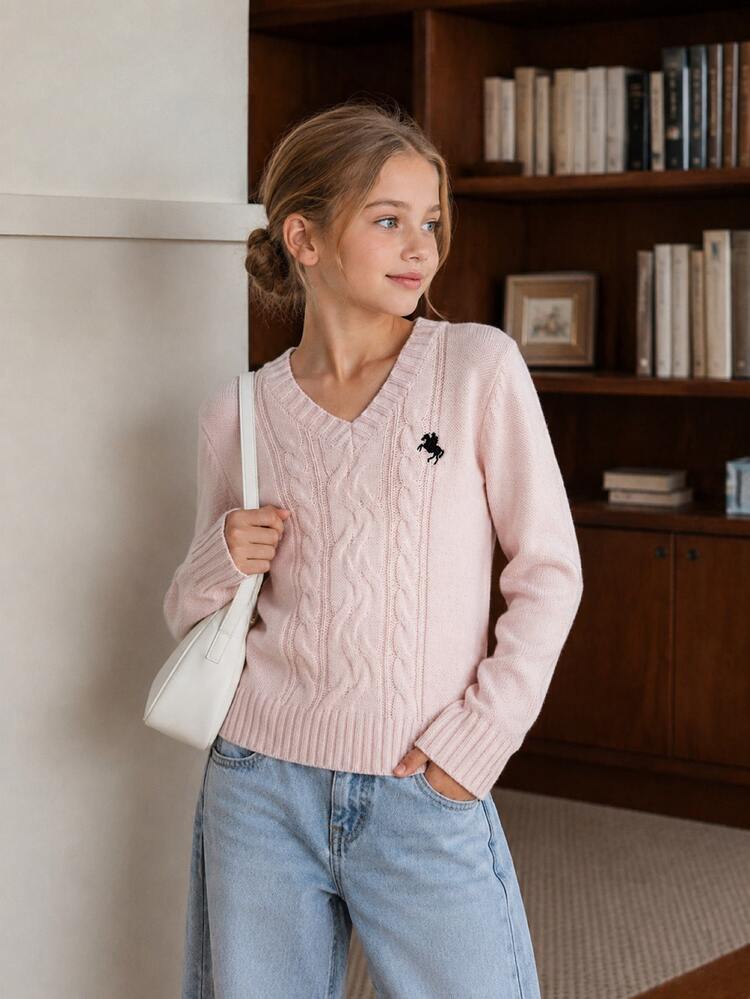 SHEIN Tween Girls Pink And Black Sweater,Embroidered Horse V-Neck Twist Rope Cable Knit Top,Soft Stretchy Fitted Casual Streetwear Autumn Back-To-School - Pink - View 2