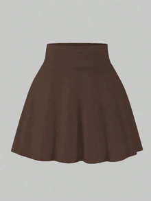 SHEIN 青少年女孩秋季純色休閒日常裙褲，秋季開學穿搭，百褶優雅舒適高腰，萬聖節造型 - 棕色 - 查看 8