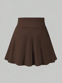 SHEIN 青少年女孩秋季純色休閒日常裙褲，秋季開學穿搭，百褶優雅舒適高腰，萬聖節造型 - 棕色 - 查看 2