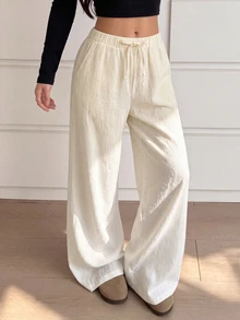 SHEIN Teen Girls Fall Clothes Fall Straight Spring/Summer Casual Daily Wear Versatile Comfortable Solid Color Long Pants With Pockets,Back To School - Apricot - View 2