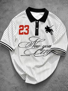 Manfinity EMRG Men's Casual Striped Letter Print Patchwork Short Sleeve Polo Shirt, Summer - Multicolor - View 1
