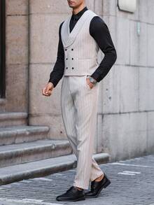 Manfinity Bizformal 2pcs Men's Casual Business Striped Shawl Neck Vest And Suit Pants Set - Khaki - View 3