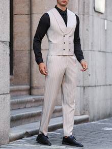 Manfinity Bizformal 2pcs Men's Casual Business Striped Shawl Neck Vest And Suit Pants Set - Khaki - View 5