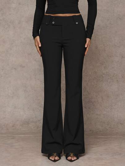 SHEIN Tall Women's Solid Color Casual/Street Style/Versatile/Old Money Style Pocket Wide Waistband Minimalist Commute Office Low Waist Loose Wide Leg Long Pants