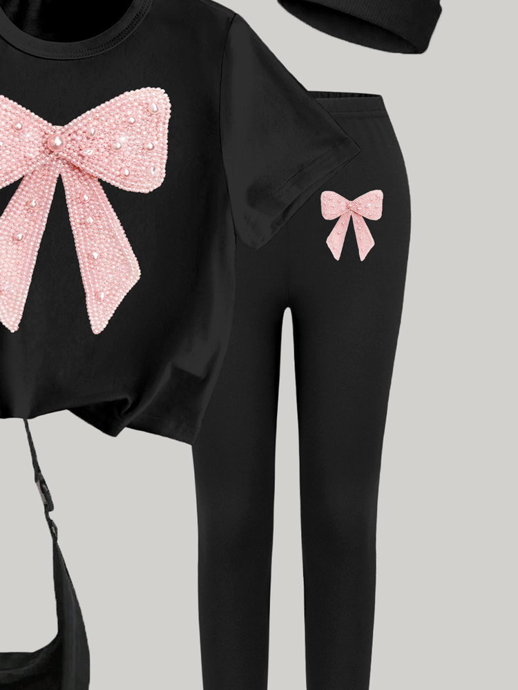 Teenage Girls' Black Pink 2-Piece Outfit, Cute Autumn Back-To-School Shiny Faux Pearl Bow Print T-Shirt Leggings Set, Holiday Student Casual Graphic - Multicolor - View 4