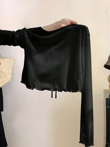 SHEIN Tween Girls Fall Clothes Fall Textured Knit Fabric Sweet Puff Sleeve 3D Pearl Decor Shoulder Elegant Short Long Sleeve Zippered Black Polyester Jacket - Black - View 8