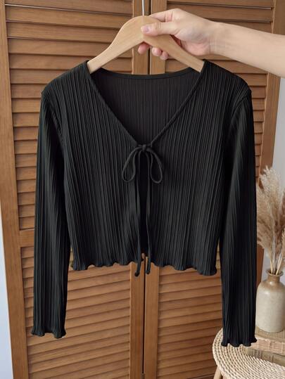 SHEIN Pakaian Musim Gugur untuk Remaja Perempuan: Kain Rajut Bertekstur, Lengan Mengembang Manis, Dekorasi Mutiara 3D di Bahu, Lengan Pendek Elegan, Jaket Poliester Hitam dengan Resleting