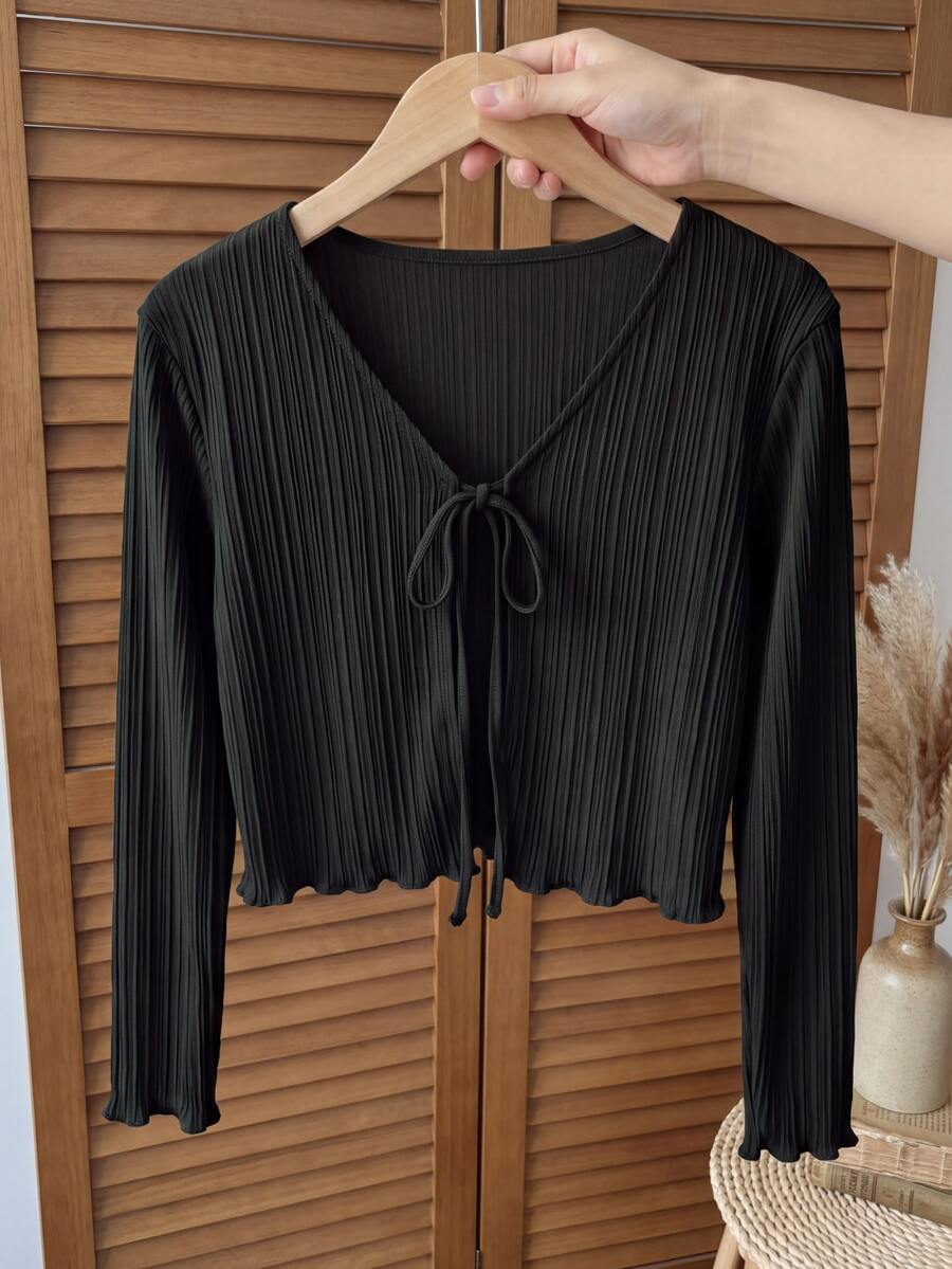 SHEIN Tween Girls Fall Clothes Fall Textured Knit Fabric Sweet Puff Sleeve 3D Pearl Decor Shoulder Elegant Short Long Sleeve Zippered Black Polyester Jacket