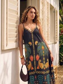 CAJUNI Women's Loose Paisley Pattern Spaghetti Strap Vacation Dress - Multicolor - View 3