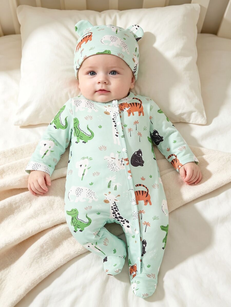SHEIN 2pcs Newborn Baby Footed Romper Hat Set Cute Light Mint Animal Tiger Bear Print Snap Up Long Sleeve Round Neck Regular Birthday Party Fall Holiday - Green - View 1