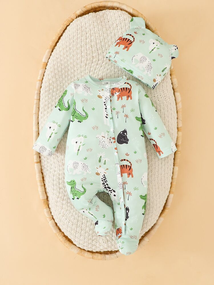 SHEIN 2pcs Newborn Baby Footed Romper Hat Set Cute Light Mint Animal Tiger Bear Print Snap Up Long Sleeve Round Neck Regular Birthday Party Fall Holiday - Green - View 2