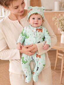 SHEIN 2pcs Newborn Baby Footed Romper Hat Set Cute Light Mint Animal Tiger Bear Print Snap Up Long Sleeve Round Neck Regular Birthday Party Fall Holiday - Green - View 8