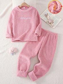 1套女童圓領長袖長褲雙面玫瑰提花家居服，女童居家服最佳禮物，百搭時尚首選 - 粉色 - 查看 8