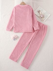 1套女童圓領長袖長褲雙面玫瑰提花家居服，女童居家服最佳禮物，百搭時尚首選 - 粉色 - 查看 3