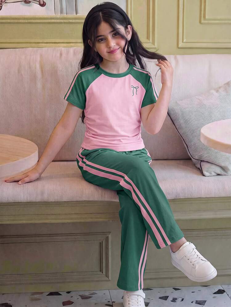 SHEIN Tween Girl Girls 2 Pieces Casual Outfit Set, Fitted Crew Neck Ruched Knit Top With Colorblock Patchwork And Webbing Trim, Plus Colorblock Y2K Pink And Yellow Waistband Straight Leg Wide Leg Knit Pants, Girls Outfit Set - Green - View 7