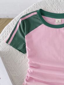SHEIN Tween Girl Girls 2 Pieces Casual Outfit Set, Fitted Crew Neck Ruched Knit Top With Colorblock Patchwork And Webbing Trim, Plus Colorblock Y2K Pink And Yellow Waistband Straight Leg Wide Leg Knit Pants, Girls Outfit Set - Green - View 3