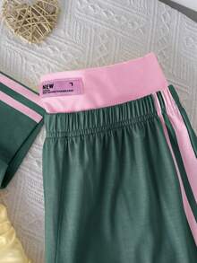 SHEIN Tween Girl Girls 2 Pieces Casual Outfit Set, Fitted Crew Neck Ruched Knit Top With Colorblock Patchwork And Webbing Trim, Plus Colorblock Y2K Pink And Yellow Waistband Straight Leg Wide Leg Knit Pants, Girls Outfit Set - Green - View 6