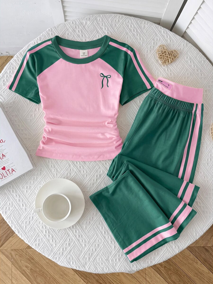 SHEIN Tween Girl Girls 2 Pieces Casual Outfit Set, Fitted Crew Neck Ruched Knit Top With Colorblock Patchwork And Webbing Trim, Plus Colorblock Y2K Pink And Yellow Waistband Straight Leg Wide Leg Knit Pants, Girls Outfit Set - Green - View 1