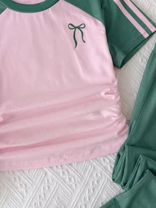 SHEIN Tween Girl Girls 2 Pieces Casual Outfit Set, Fitted Crew Neck Ruched Knit Top With Colorblock Patchwork And Webbing Trim, Plus Colorblock Y2K Pink And Yellow Waistband Straight Leg Wide Leg Knit Pants, Girls Outfit Set - Green - View 4