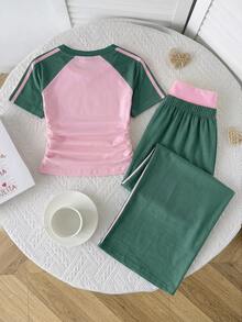 SHEIN Tween Girl Girls 2 Pieces Casual Outfit Set, Fitted Crew Neck Ruched Knit Top With Colorblock Patchwork And Webbing Trim, Plus Colorblock Y2K Pink And Yellow Waistband Straight Leg Wide Leg Knit Pants, Girls Outfit Set - Green - View 2