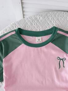 SHEIN Tween Girl Girls 2 Pieces Casual Outfit Set, Fitted Crew Neck Ruched Knit Top With Colorblock Patchwork And Webbing Trim, Plus Colorblock Y2K Pink And Yellow Waistband Straight Leg Wide Leg Knit Pants, Girls Outfit Set - Green - View 5