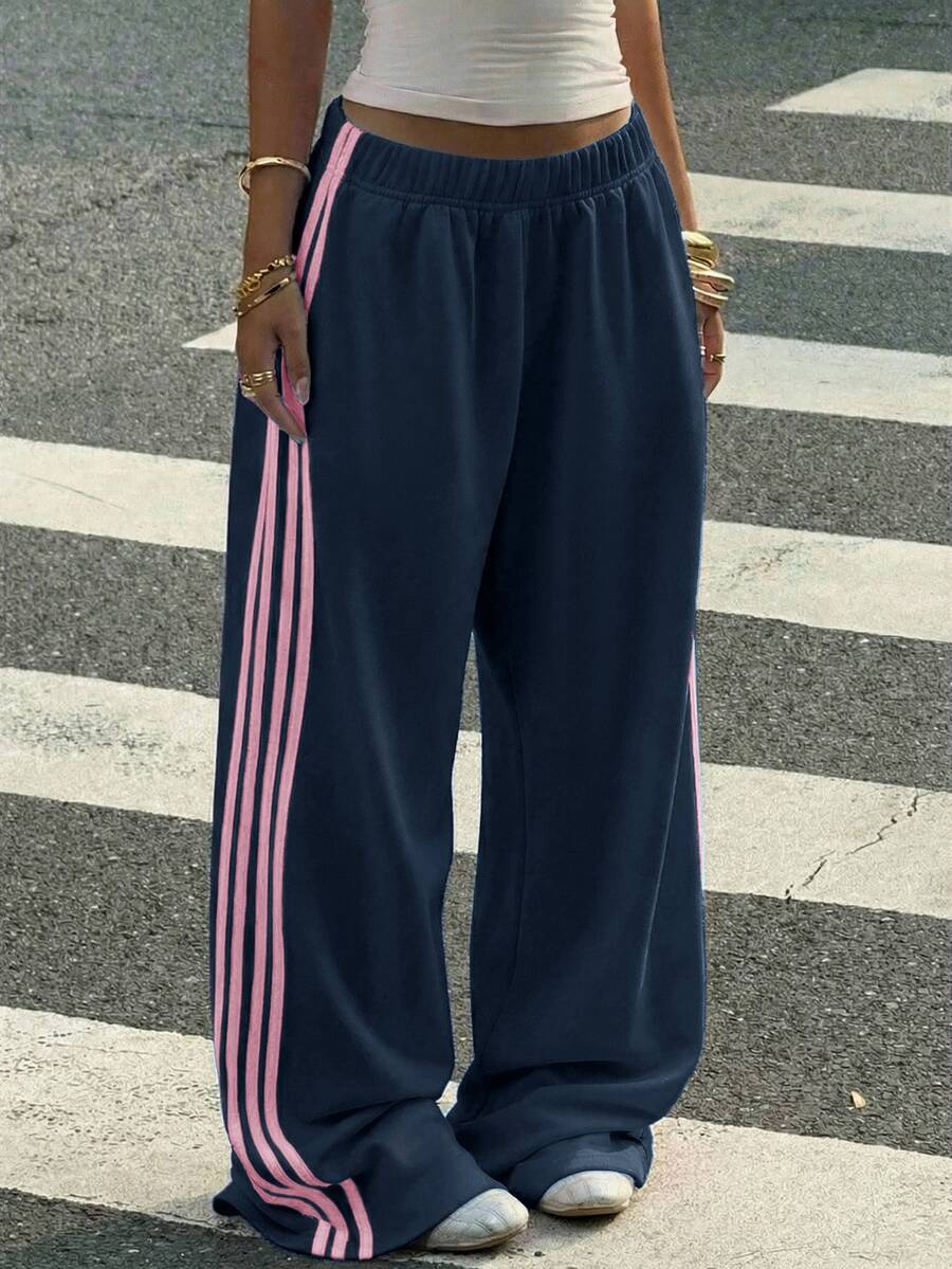 SHEIN Tween Girls Casual Fashion Kids Blue Knit Wide Leg Casual Long Pants - Blue - View 1