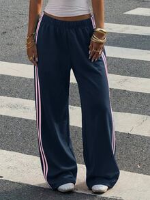 SHEIN Tween Girls Casual Fashion Kids Blue Knit Wide Leg Casual Long Pants - Blue - View 4