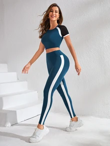Eassivo Eassivo Colorblock Raglan Sleeve Sports Set Workout Women Set Women Leggings Set - Dark Green - View 6