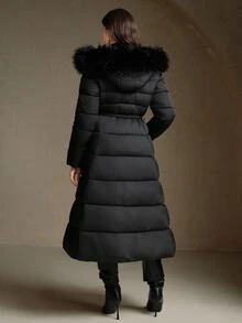 Anewsta 女士优雅简约长款冬季大衣，可拆卸毛领，收腰，A 字下摆，黑色夹棉大衣 - 黑色 - 查看 2