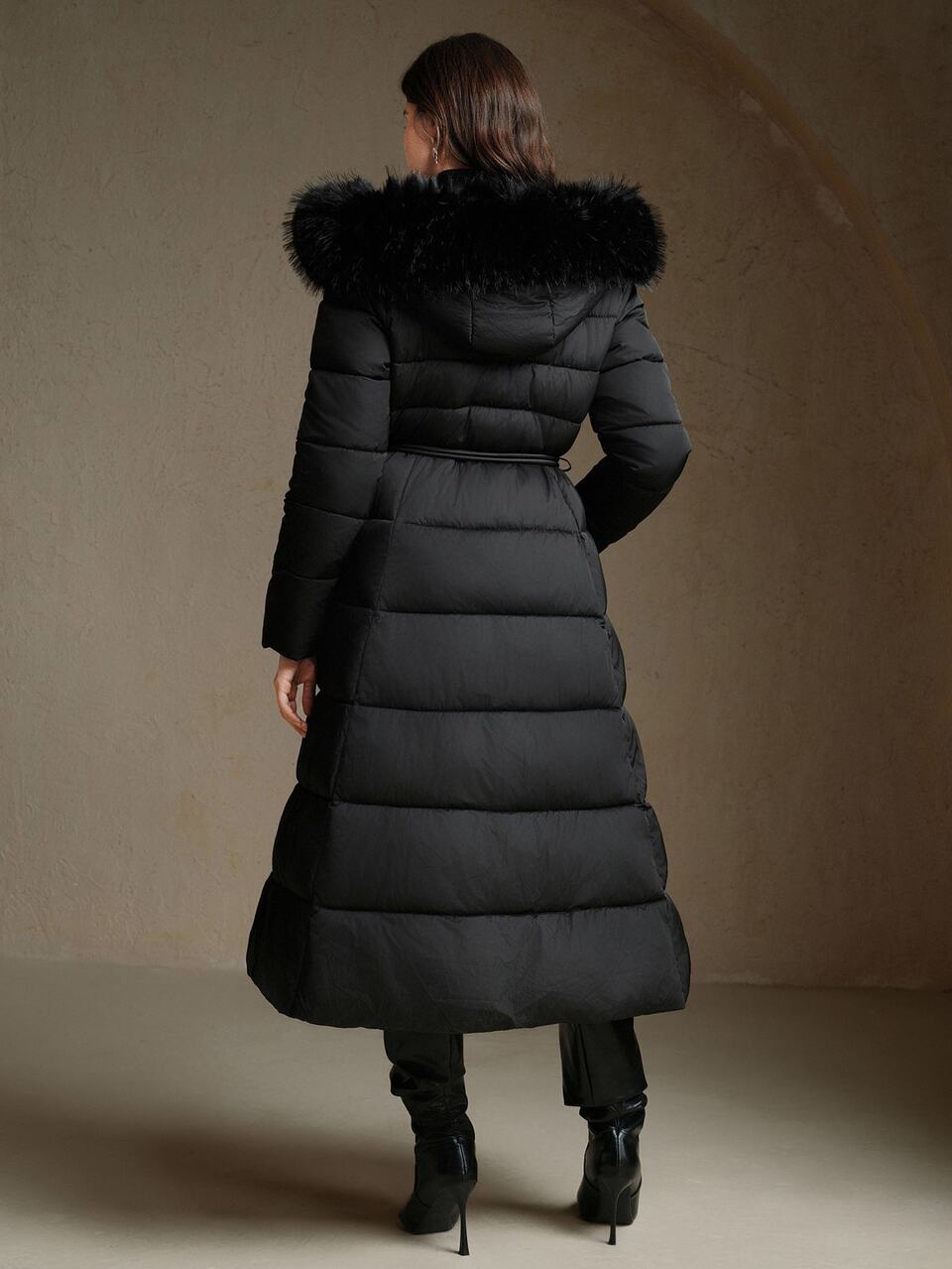 Anewsta Women's Casual Hooded Long Sleeve Black Midi Quilted Puffer Winter Coat With Contrast Faux Fur And Zipper Detail